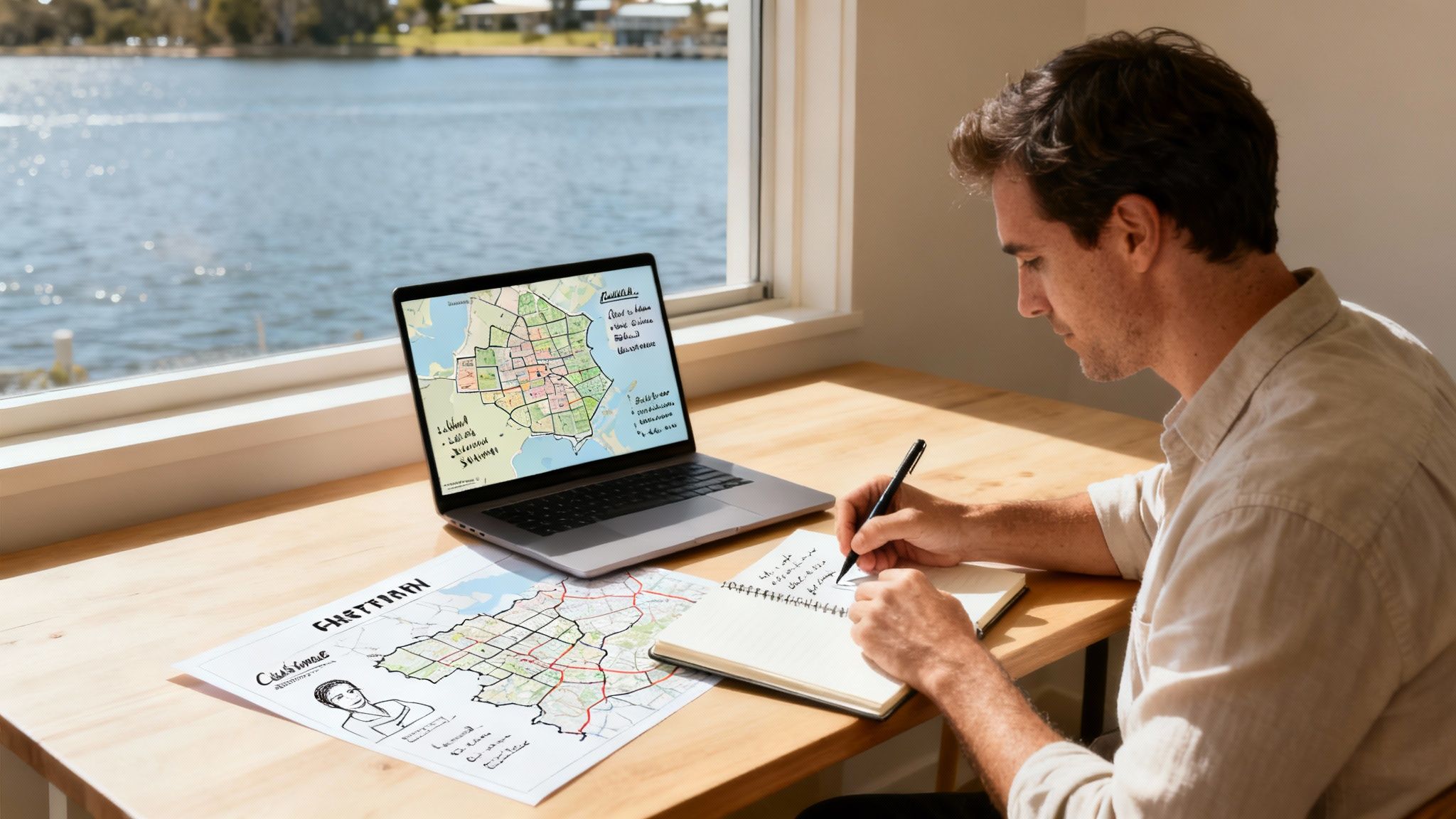Professional man analyzing Perth neighborhood maps on laptop and paper for local marketing strategy