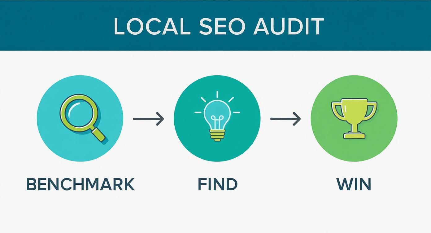 An infographic illustrating the three-step process for a local SEO audit: benchmark, find, and win.