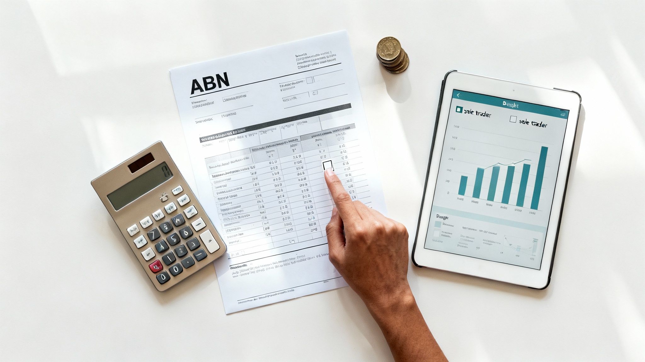A person at a desk sorting through bills and paperwork with a calculator