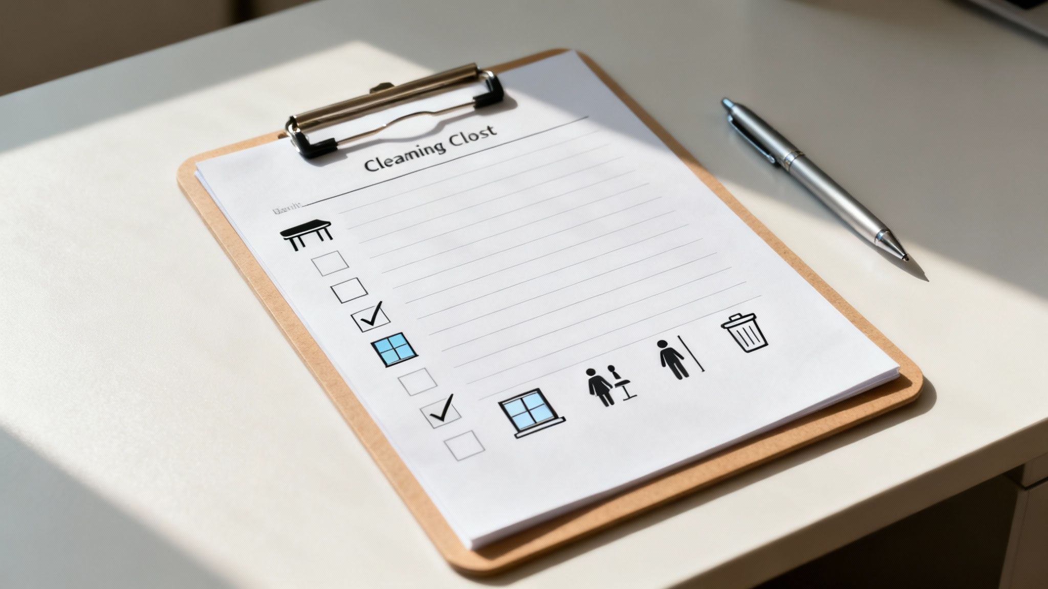 A cleaner wearing gloves and a uniform carefully wiping down a modern office desk.