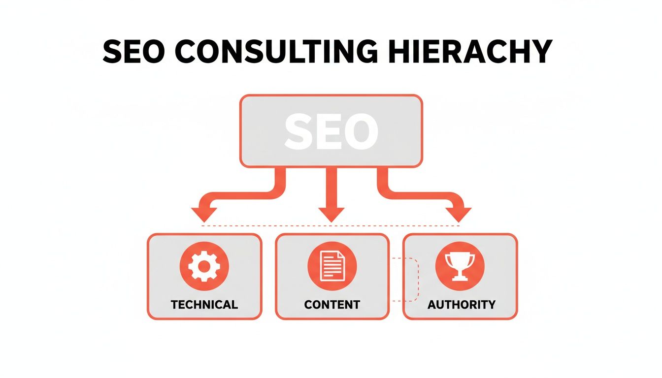 A visual hierarchy of SEO consulting showing SEO at the top, branching into technical, content, and authority.