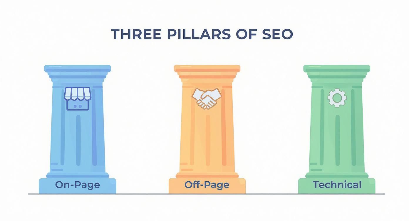 Infographic showing the three core pillars of SEO: On-Page, Off-Page, and Technical SEO, represented by storefront, handshake, and gear icons respectively.