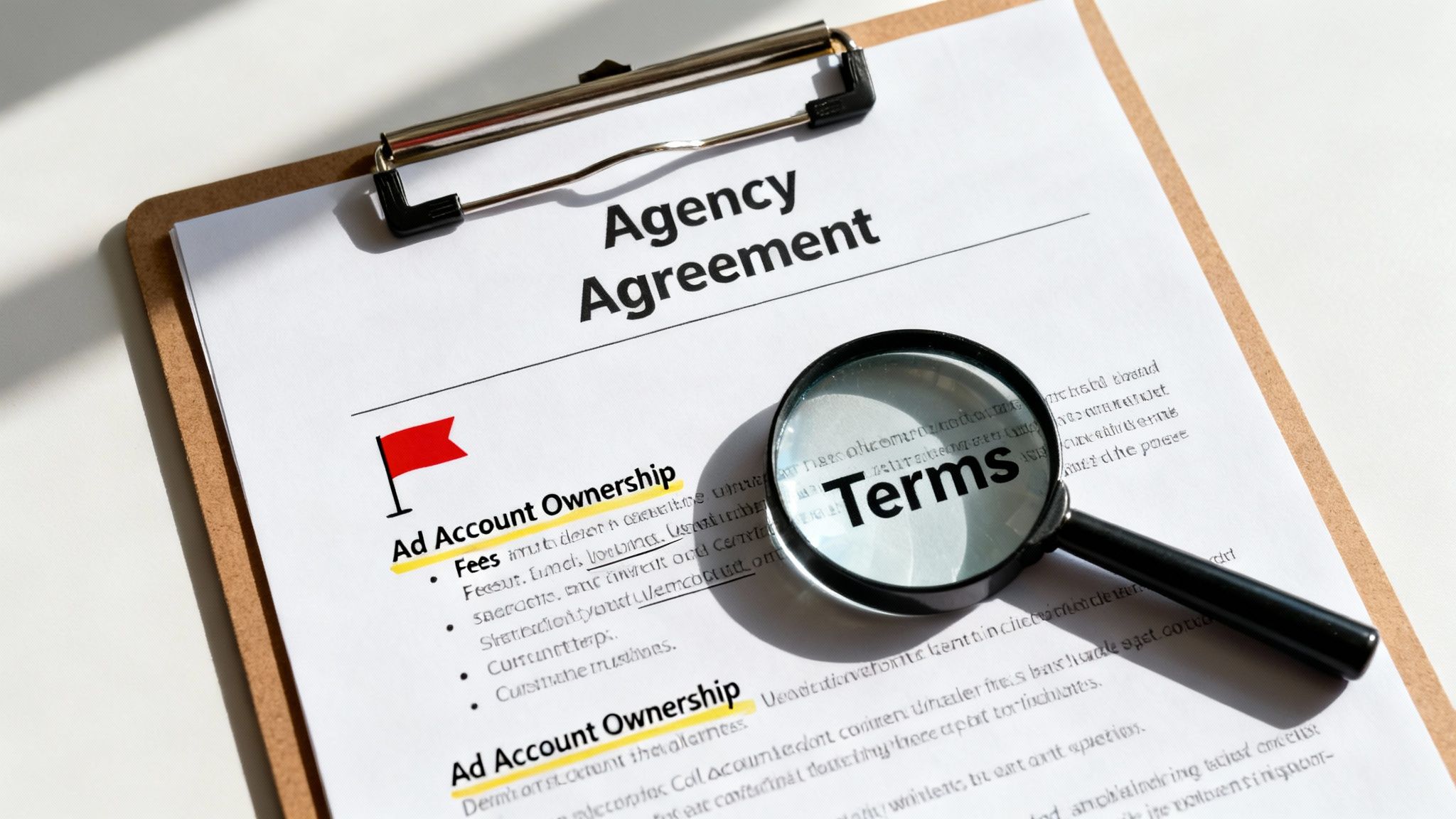 A magnifying glass on an 'Agency Agreement' document highlights the 'Terms' and 'Ad Account Ownership' sections.