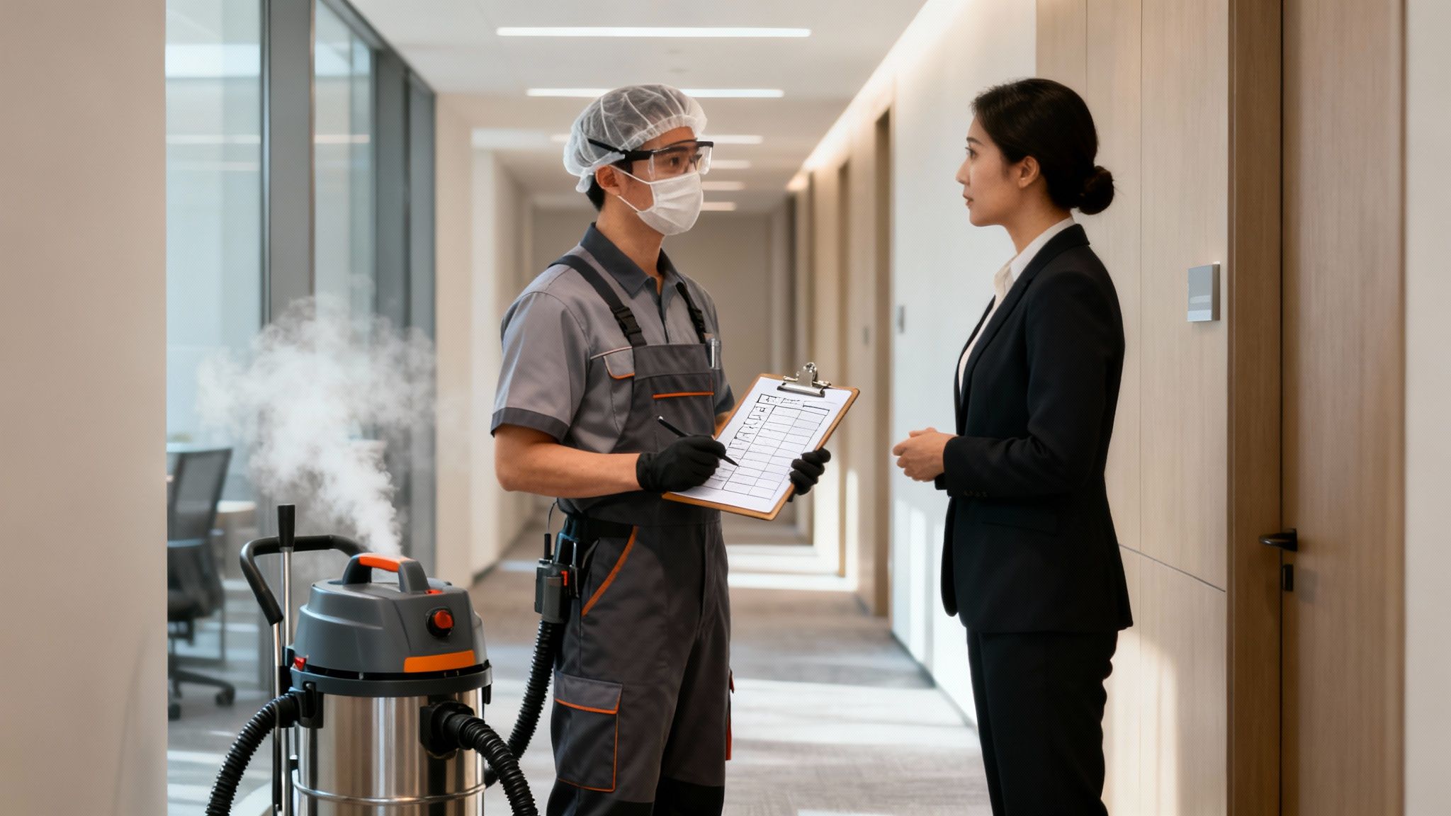 Cleaner in PPE explains steam cleaning process with clipboard to a businesswoman in an office hallway.
