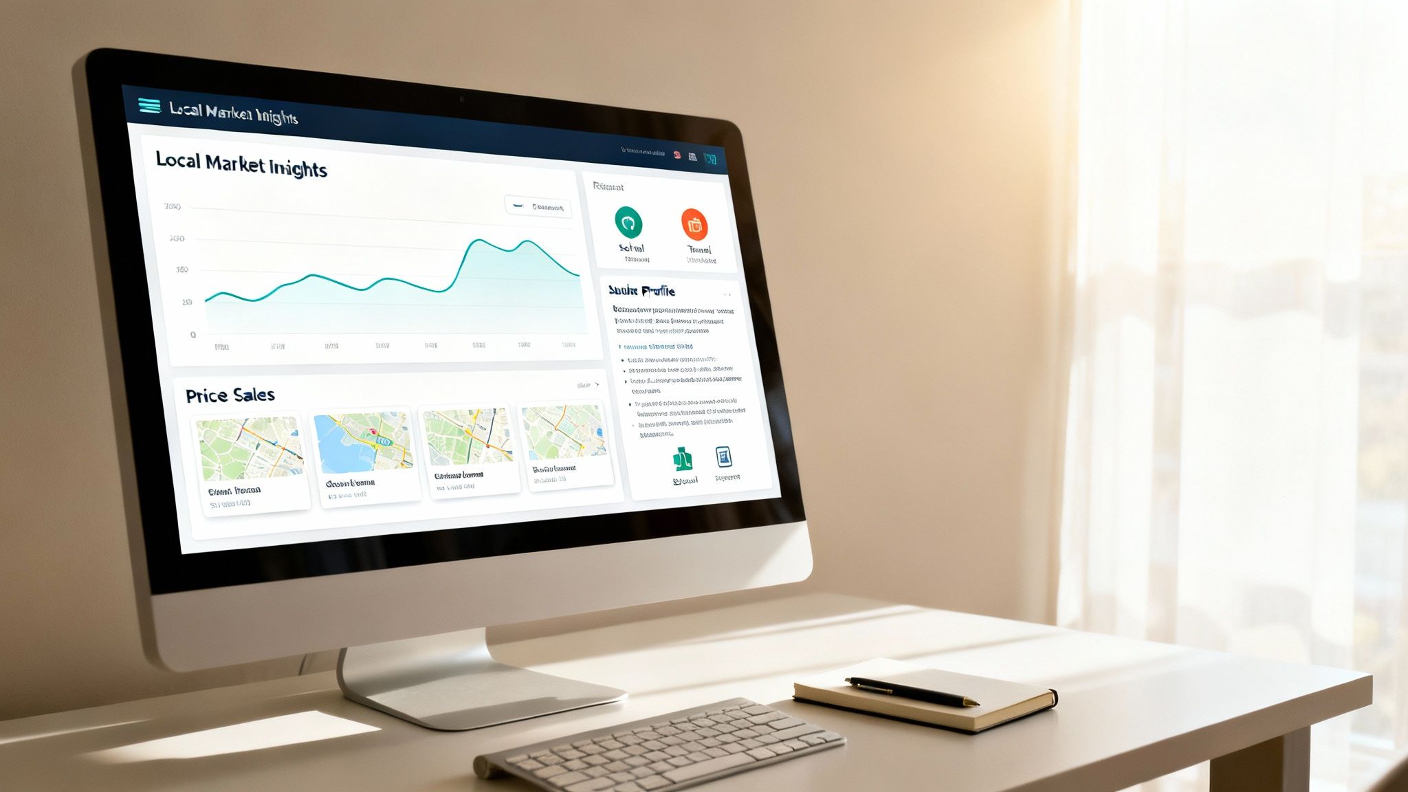A computer screen displays a real estate market insights dashboard with charts and map listings.