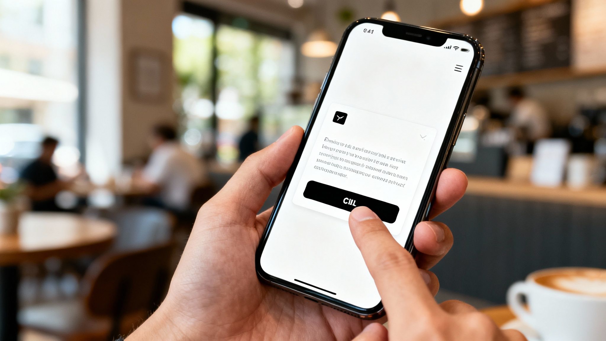 A person holds a smartphone, tapping a button on a mobile app in a coffee shop.
