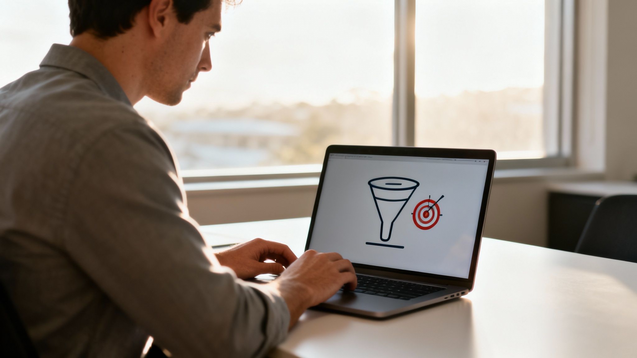 Man working on a laptop, displaying icons for sales funnel and target, symbolizing business strategy.