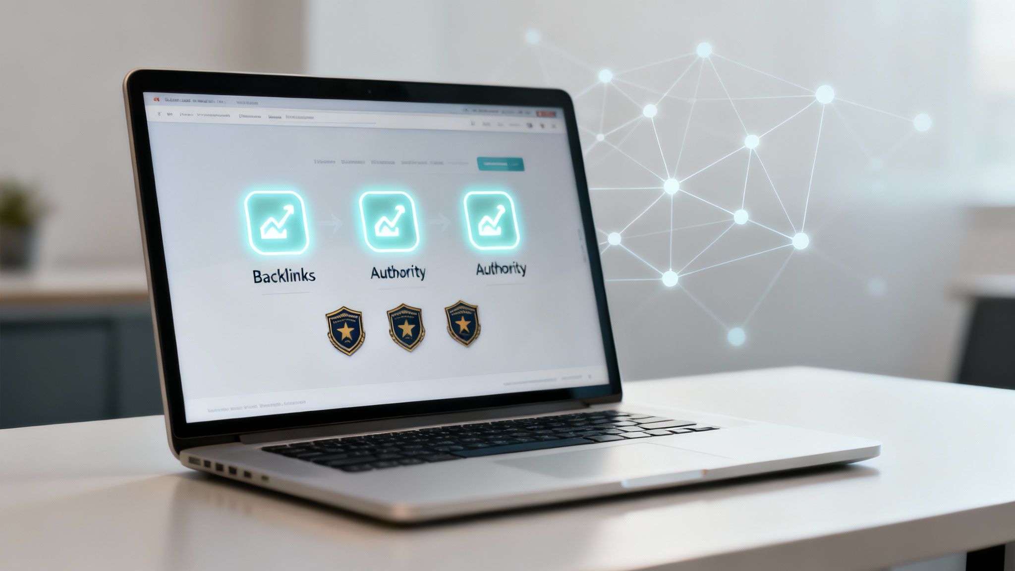 A laptop displays a glowing diagram illustrating SEO concepts of backlinks leading to website authority, with a digital network overlay.