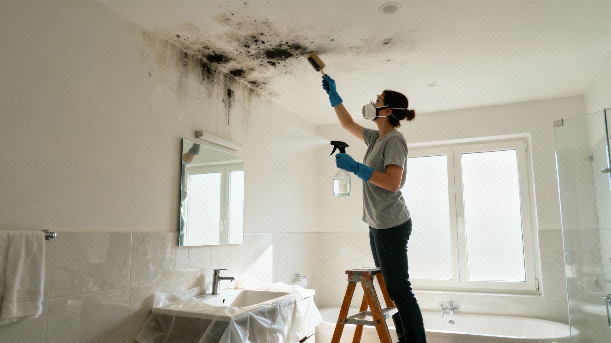 A person wearing yellow rubber gloves sprays a cleaning solution onto a mouldy bathroom ceiling.