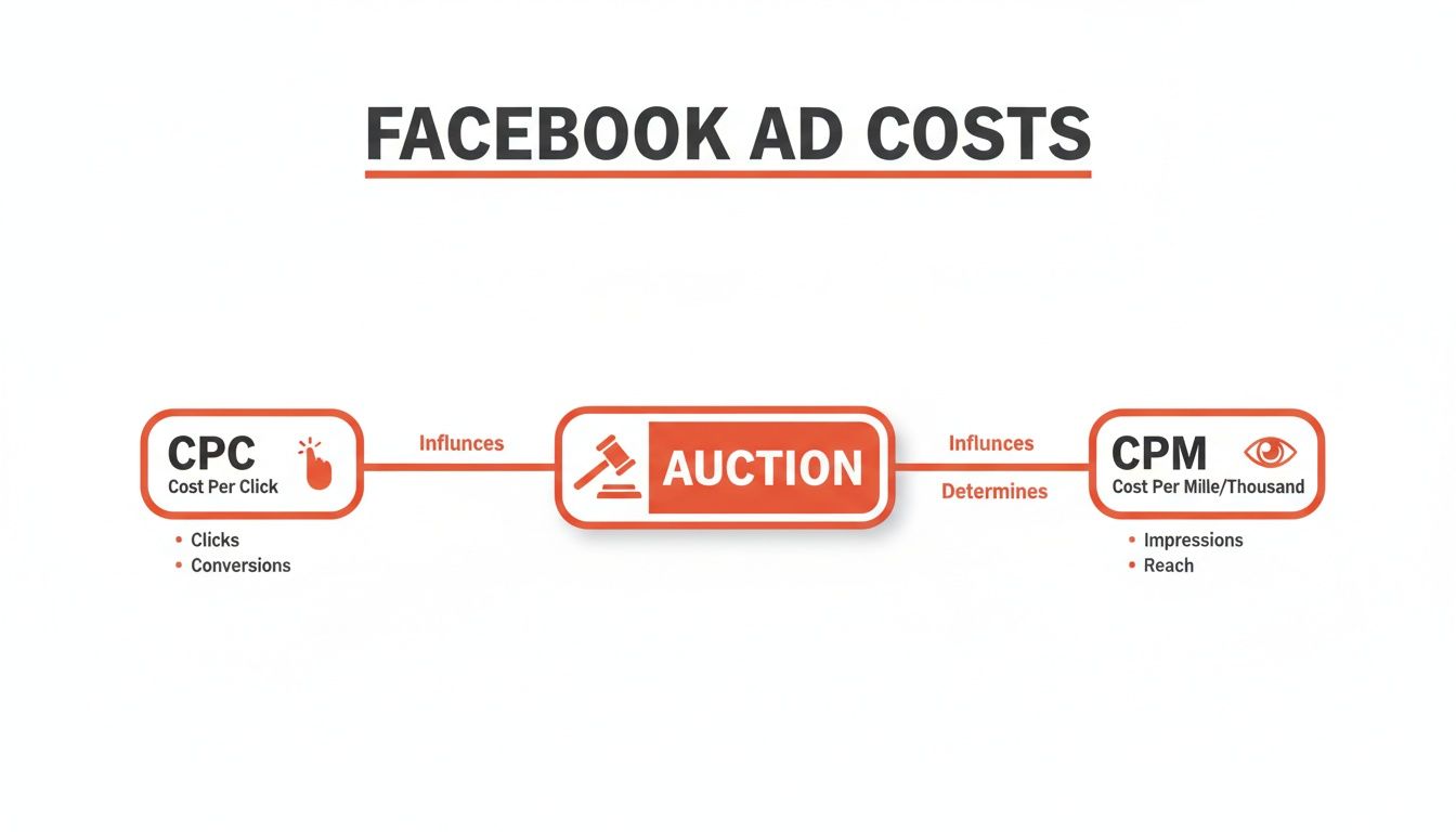 Diagram illustrating Facebook ad costs, showing CPC, Auction, and CPM, with their respective metrics.