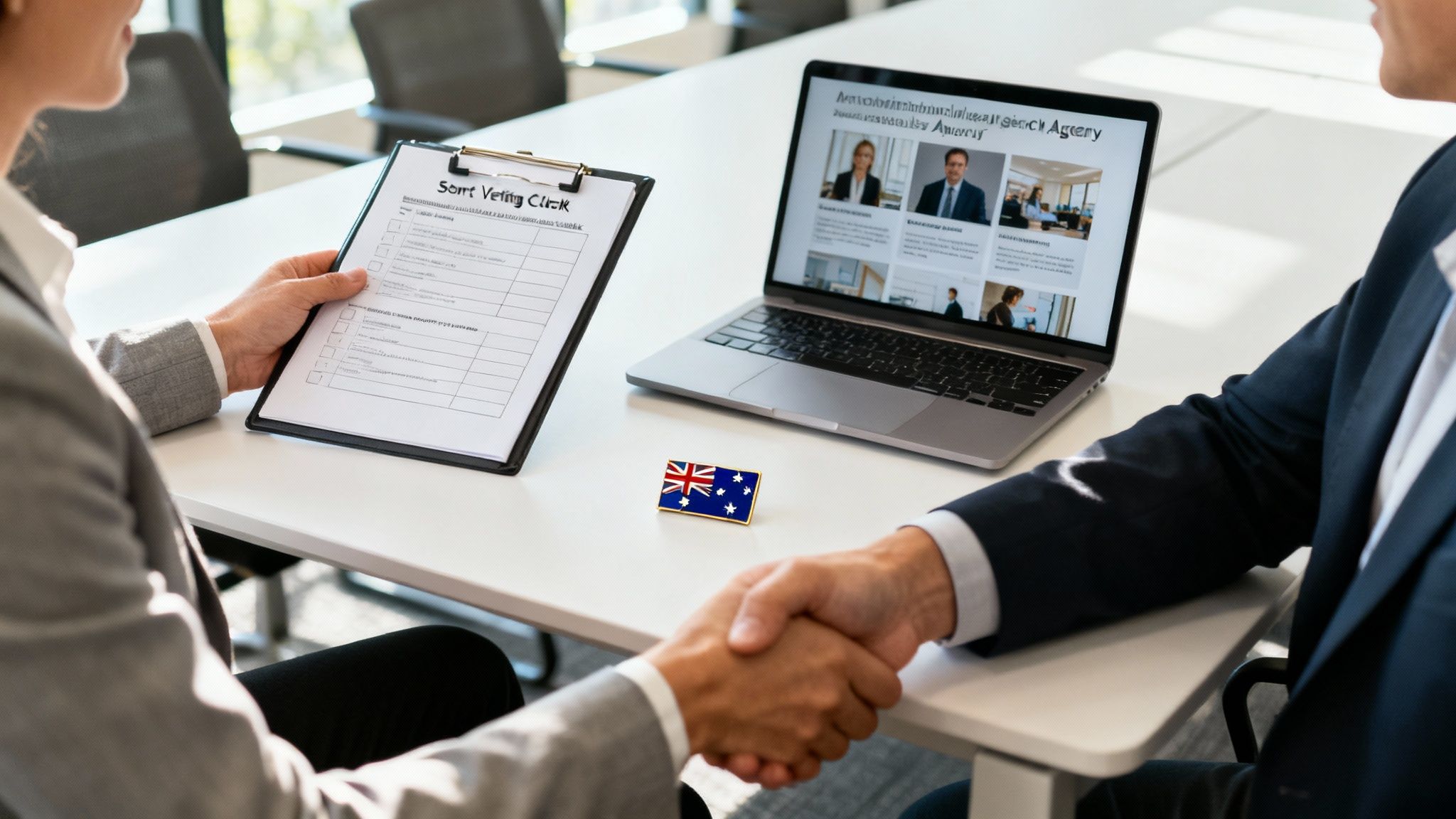 Two business professionals shaking hands at a table, with a laptop and an Australian flag pin.
