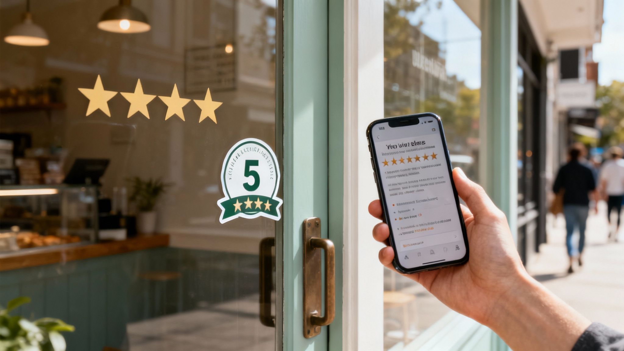 A person leaving a five-star review on a smartphone, with other positive reviews in the background.