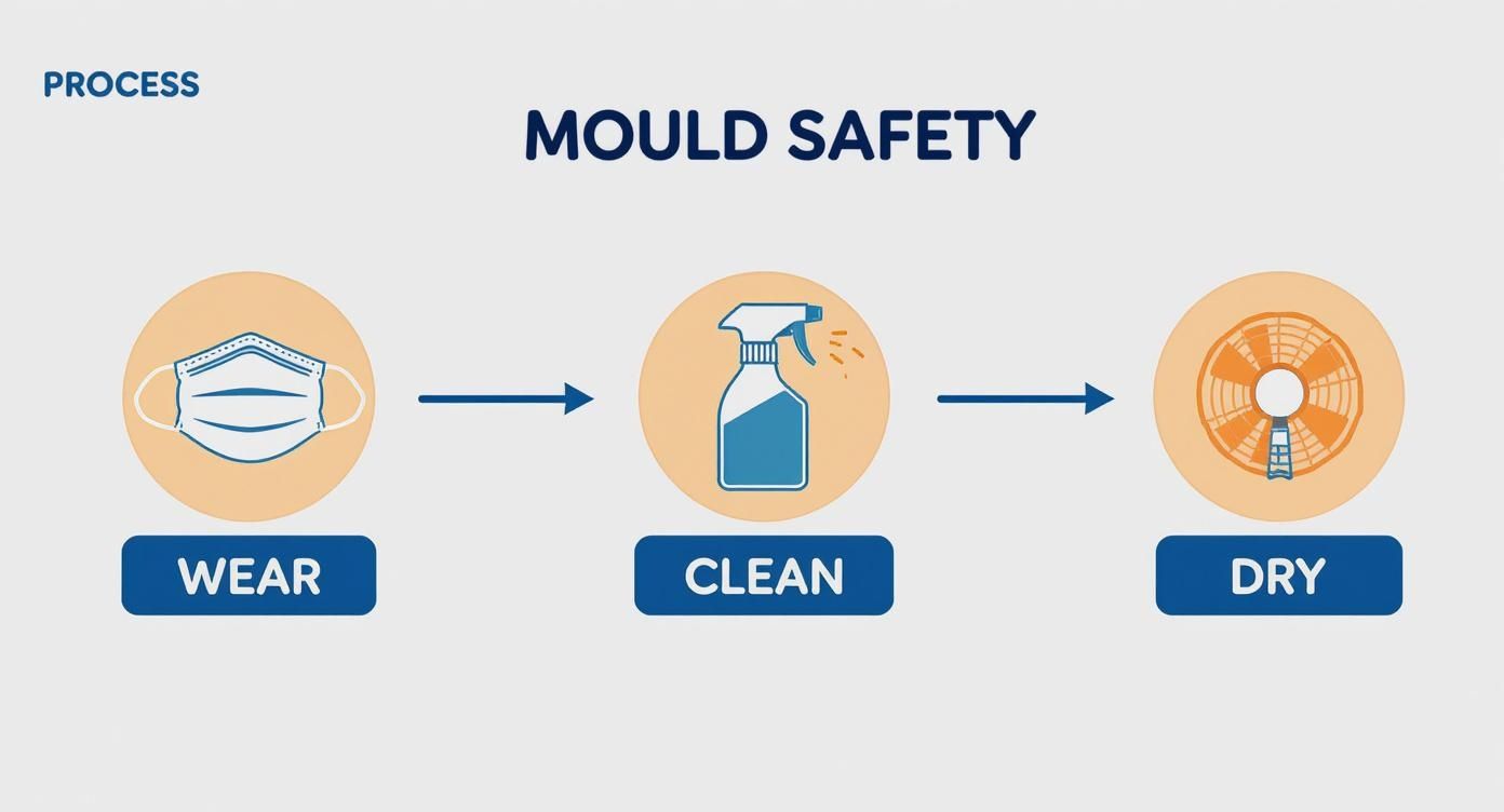 An infographic showing the three key steps for safe mould removal wear protective gear, clean the affected area, and thoroughly dry it.