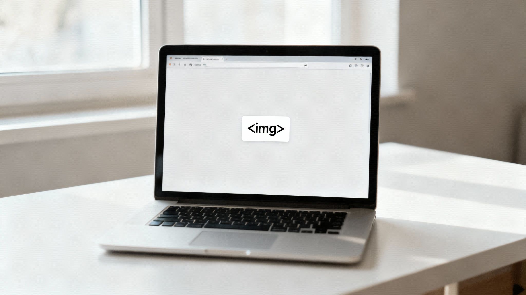 A silver laptop on a white desk with its screen displaying the HTML '<img>' tag.