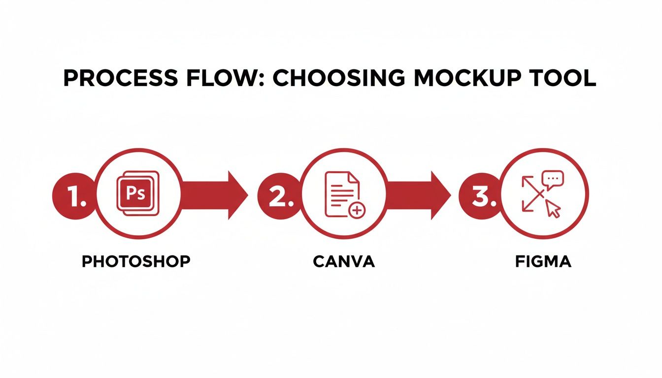 Process flow diagram showing three steps for choosing a mockup tool: Photoshop, Canva, and Figma.