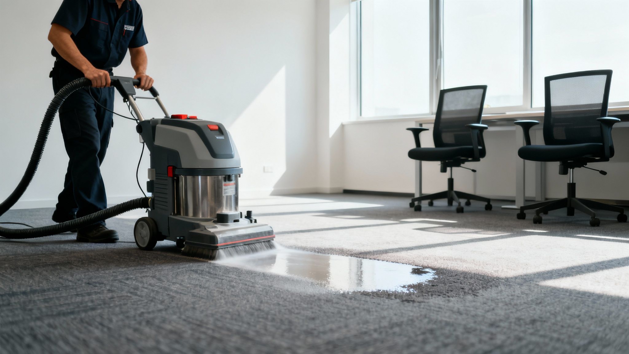 A professional cleaner using specialised equipment for high-pressure washing the exterior of a commercial building.