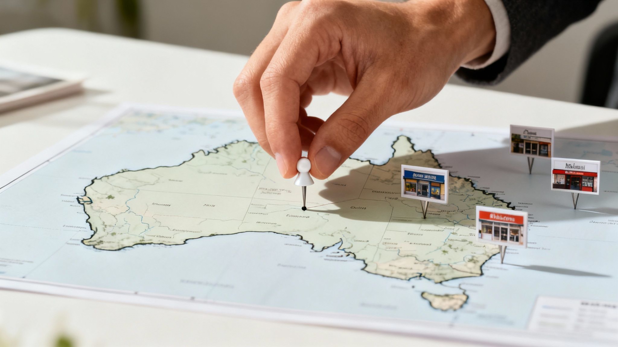 A hand places a white pin on a map of Australia with multiple store location markers.