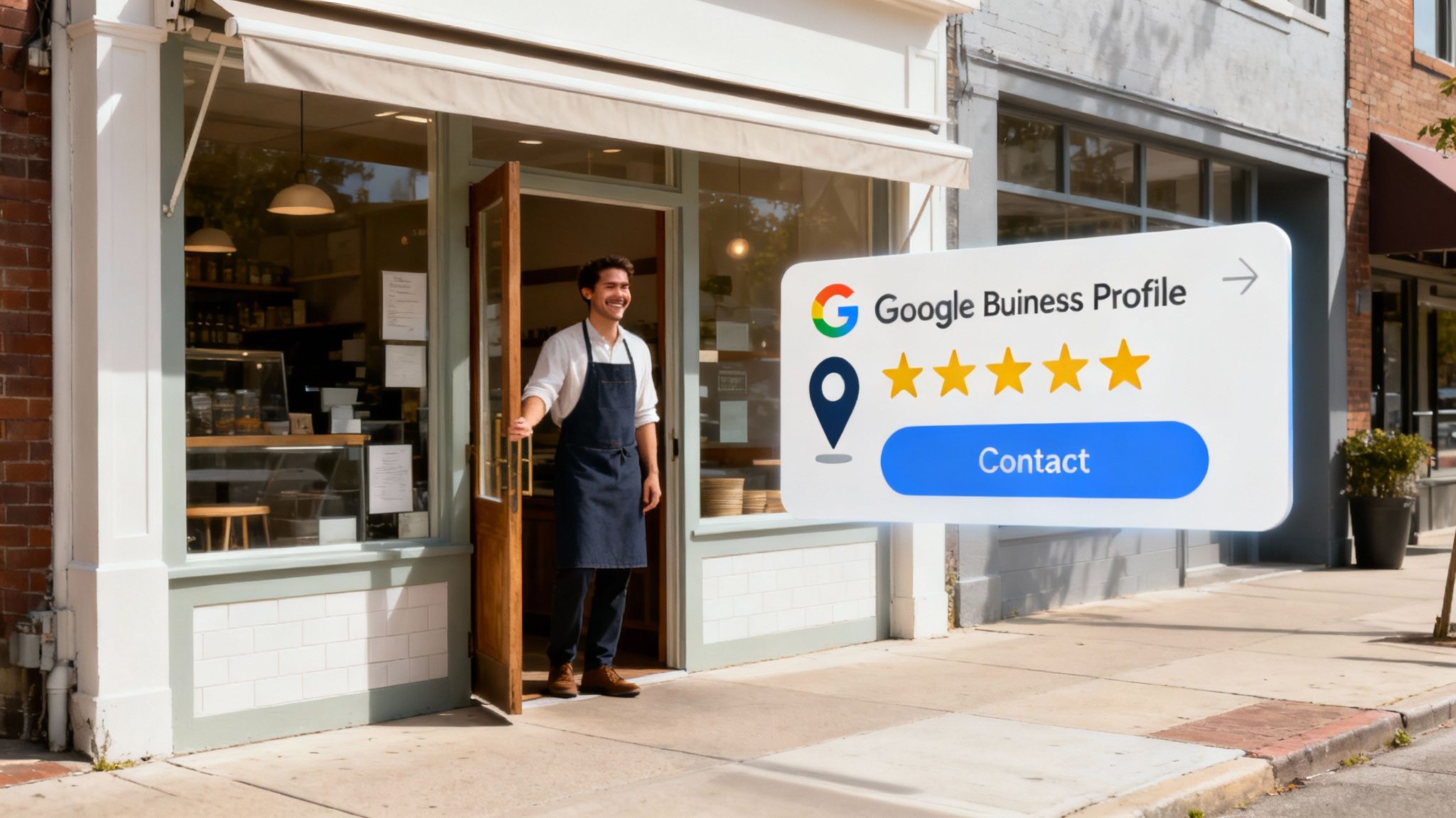 Small business owner standing at storefront with Google Business Profile five-star rating display