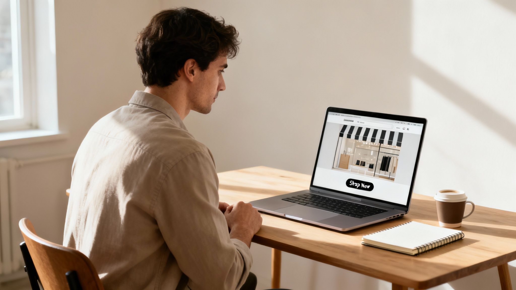 A young man sits at a desk, looking at an e-commerce website on his laptop.