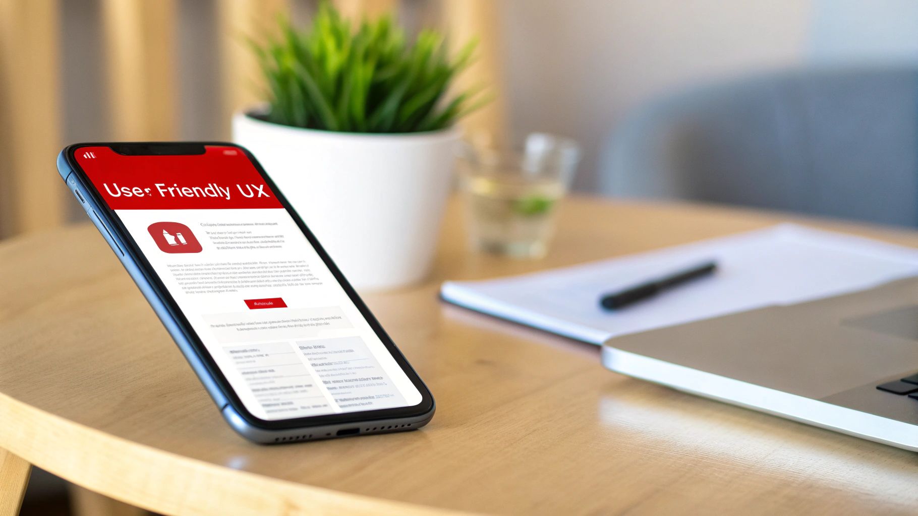 A person happily browsing a website on their phone in a modern, user-friendly setting.