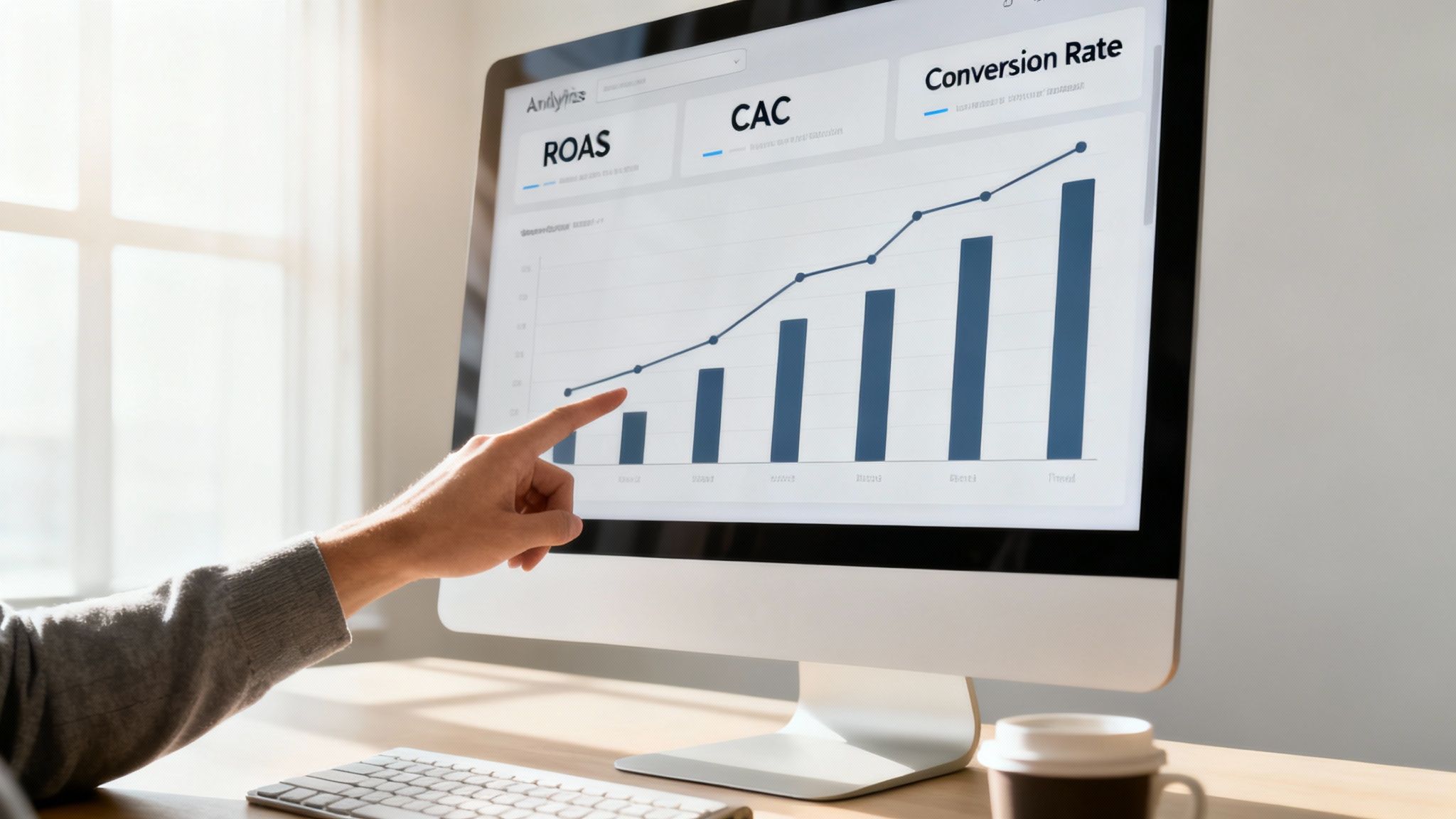 A person's hand pointing at a computer screen displaying an increasing conversion rate graph in a digital marketing dashboard.