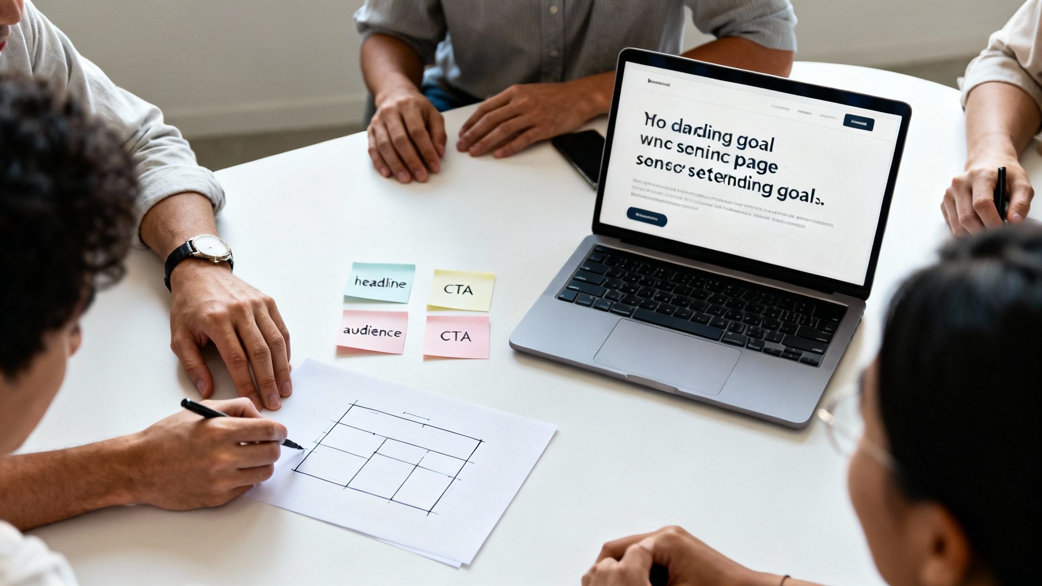People collaborate on a landing page, brainstorming content with sticky notes and designing layout.