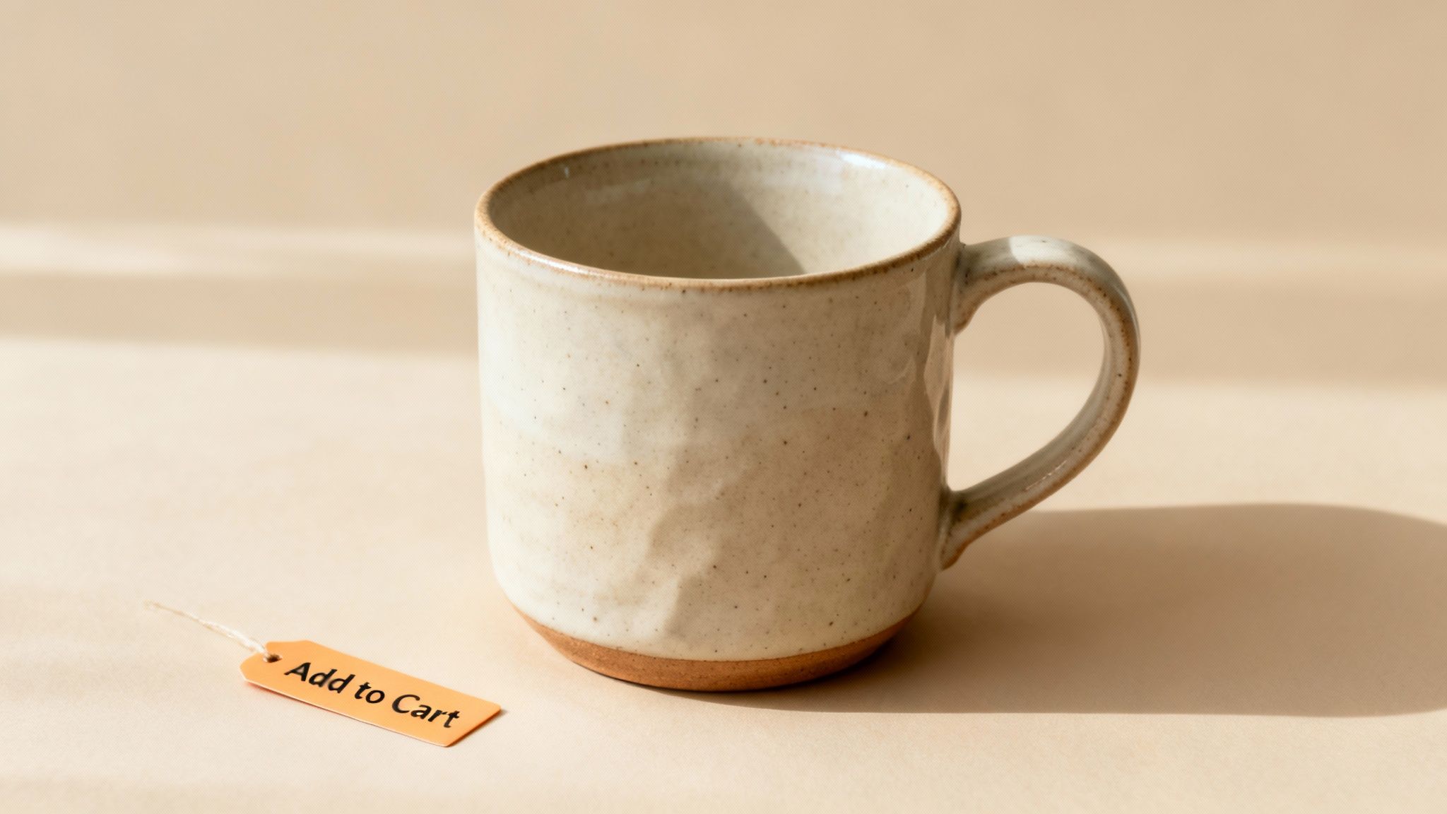 A speckled ceramic mug with a handle sits on a light beige surface next to an 'Add to Cart' tag.