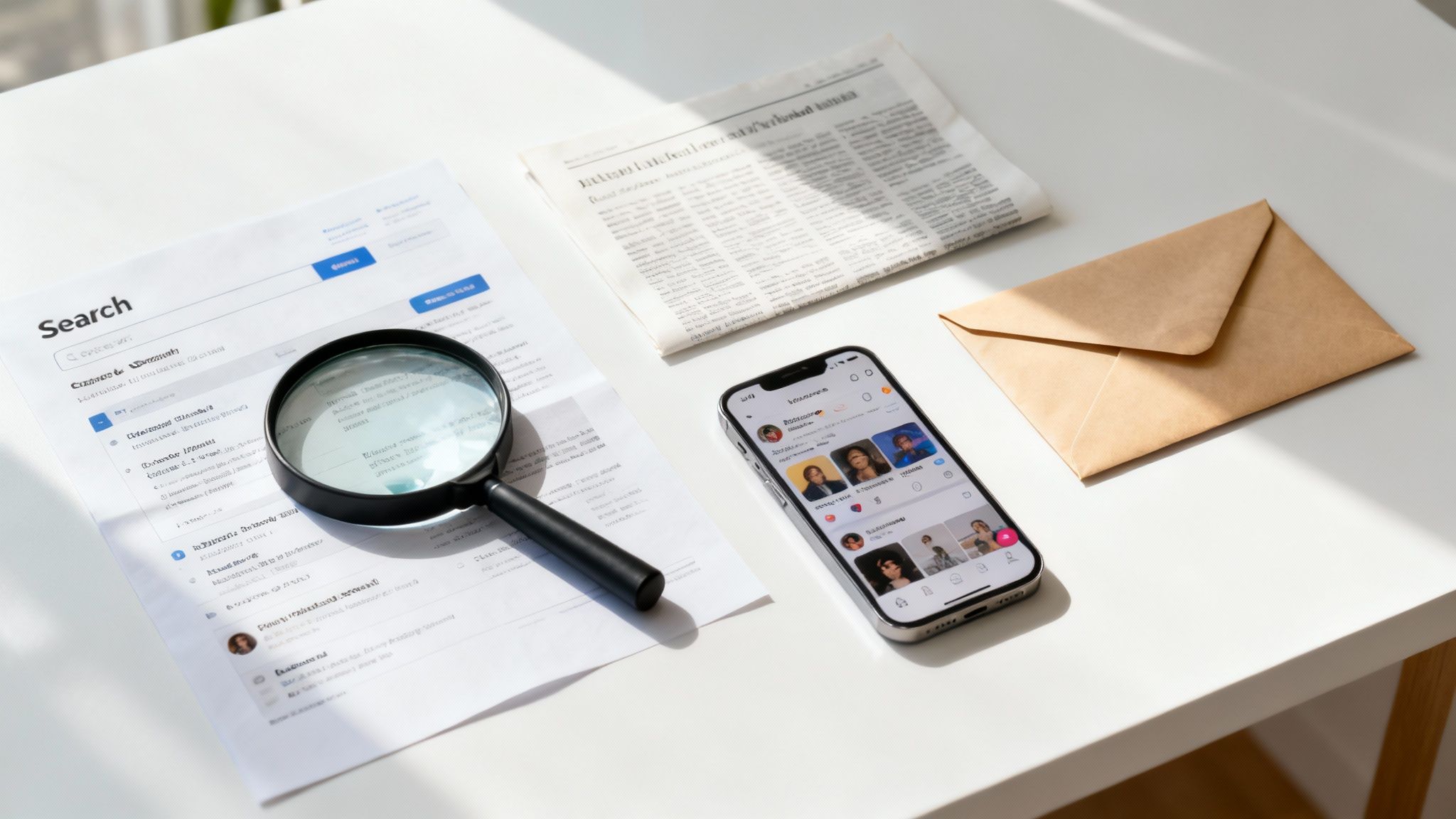 A person at a desk surrounded by various digital marketing icons, representing the different services in a consultant's toolkit.