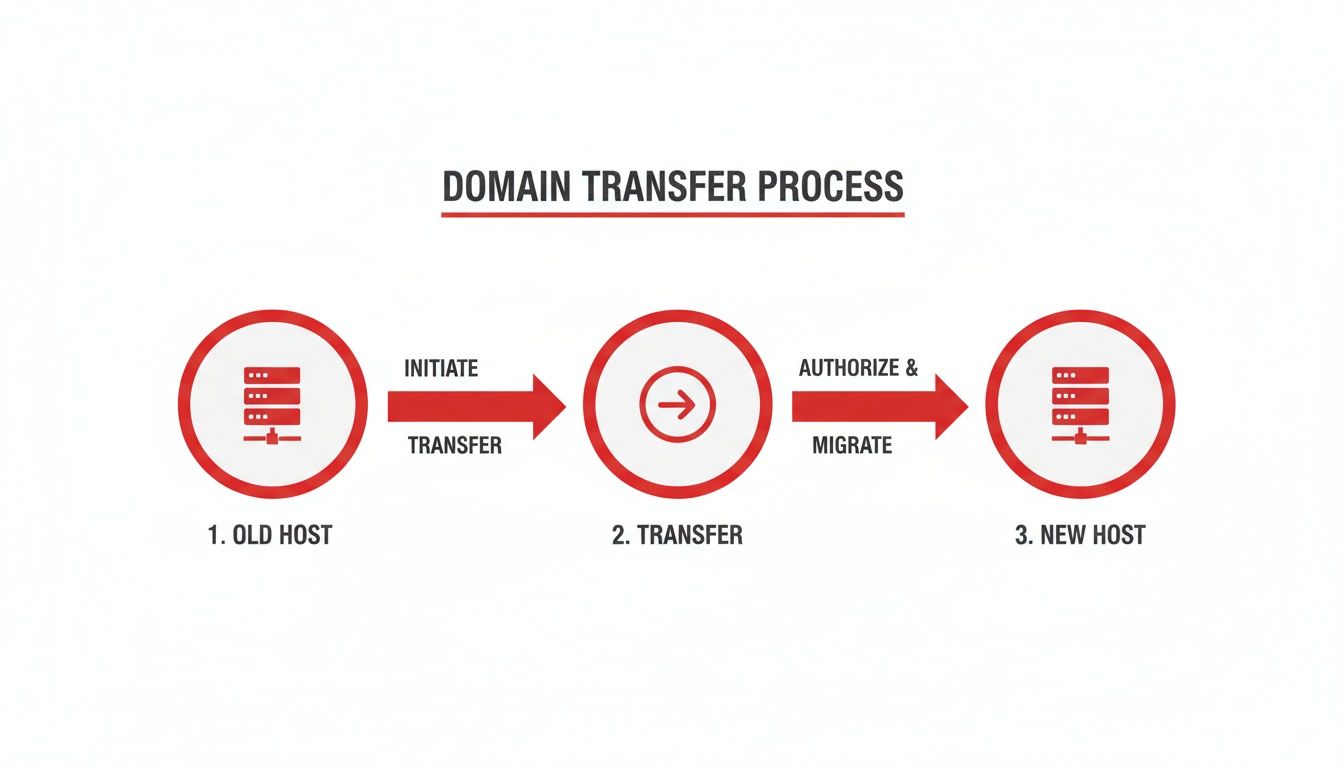 Diagram showing three steps for a domain transfer, from an old host to a new host.
