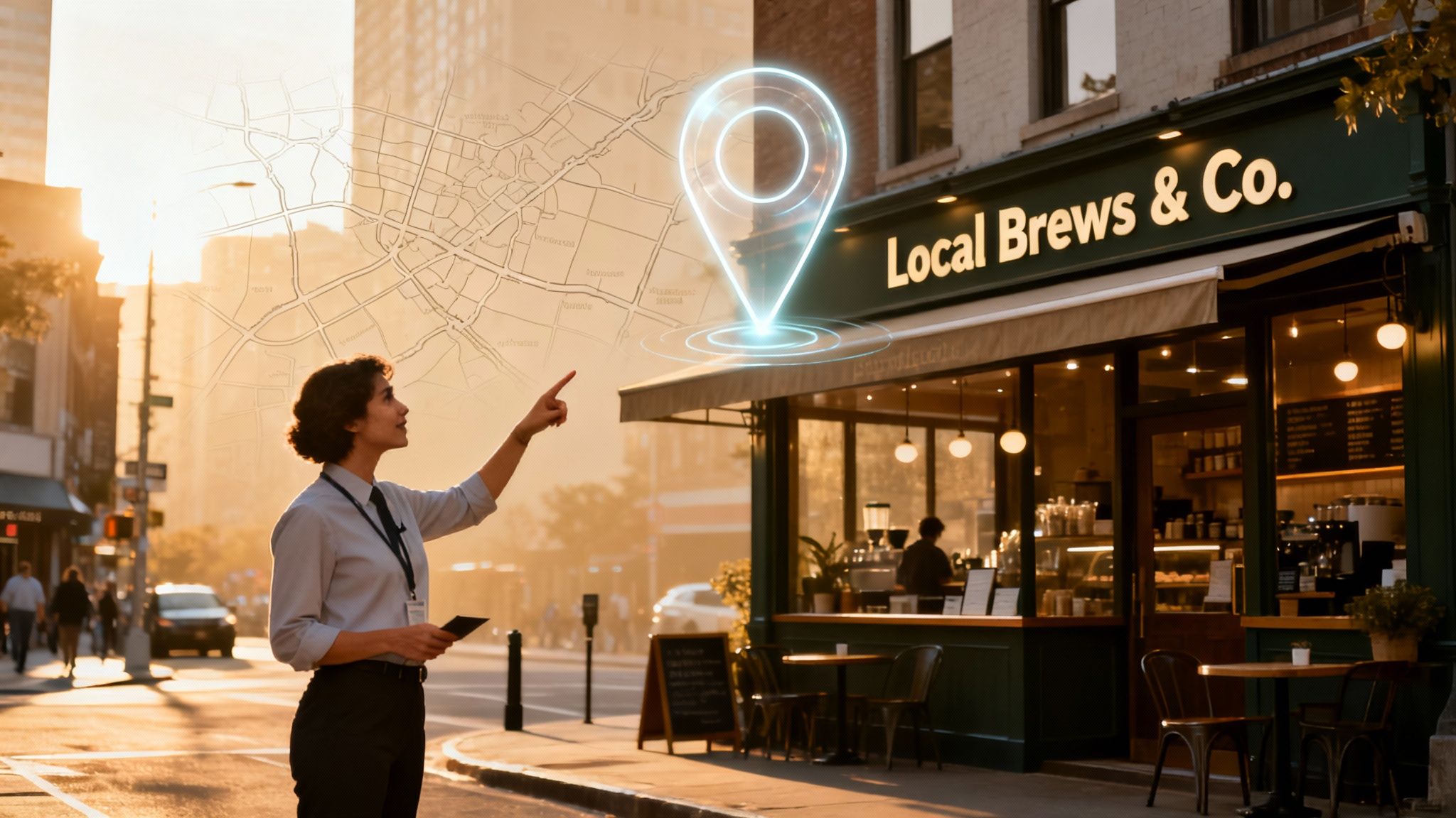 A businesswoman points to a glowing digital map pin over a coffee shop, illustrating local search.