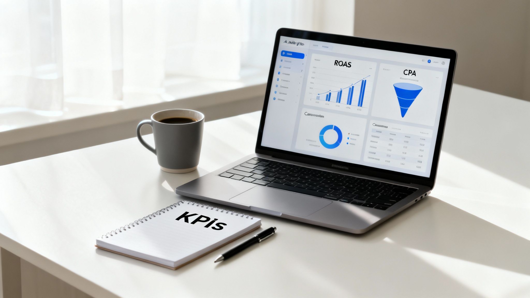 Laptop displaying a marketing dashboard with ROAS and CPA metrics, next to a coffee cup and a 'KPIs' notebook on a desk.