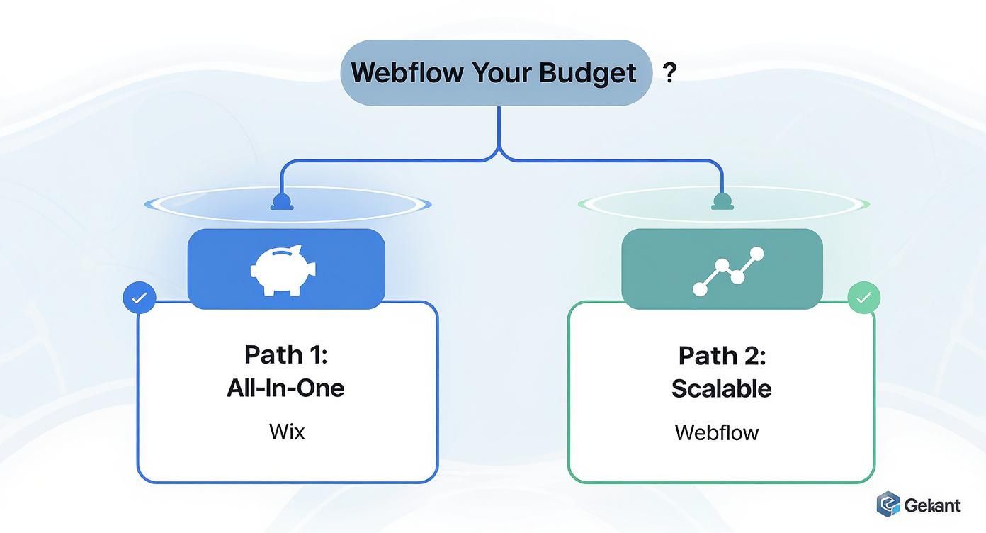 Infographic decision tree comparing Webflow vs Wix based on budget.