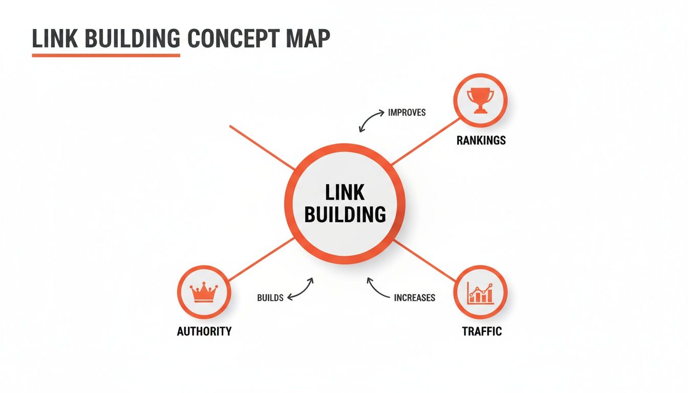 A link building concept map illustrating its benefits: improving rankings, building authority, and increasing traffic.