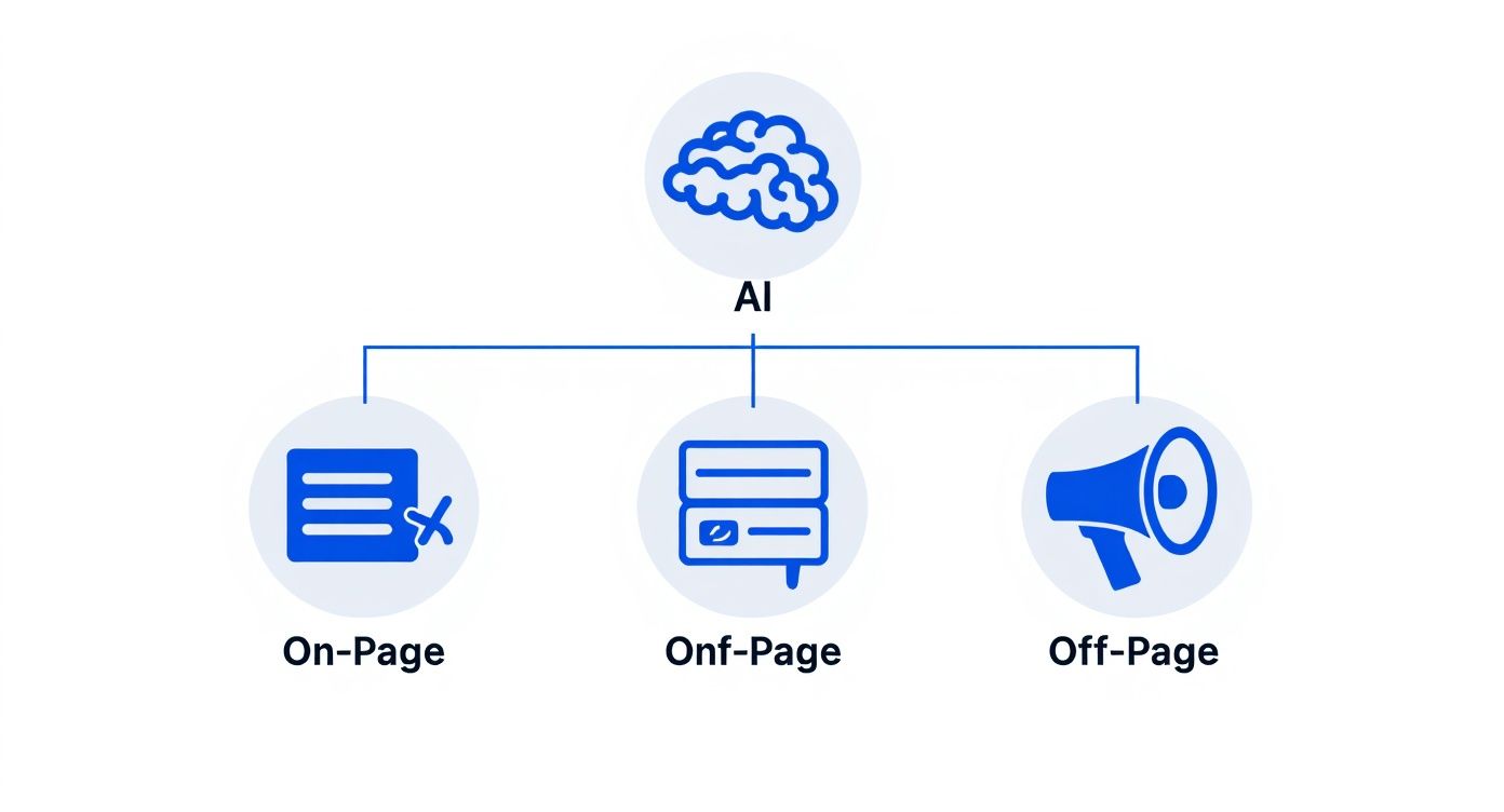A diagram illustrating AI influencing three SEO strategies: On-Page, Onf-Page, and Off-Page, represented by distinct icons.