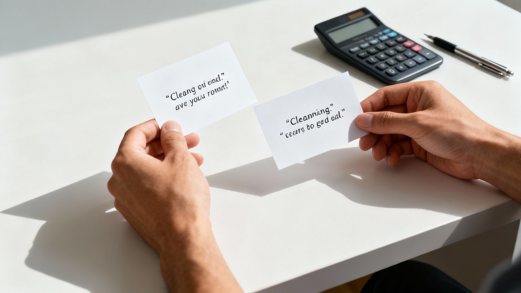 A calculator and pen resting on a commercial cleaning quote, representing the process of decoding the costs.