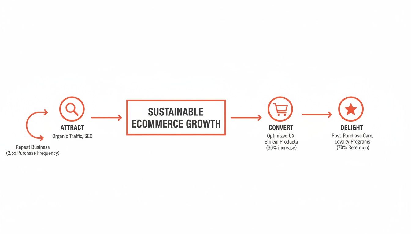 Flowchart showing sustainable e-commerce growth stages: attract, convert, delight, and repeat business.