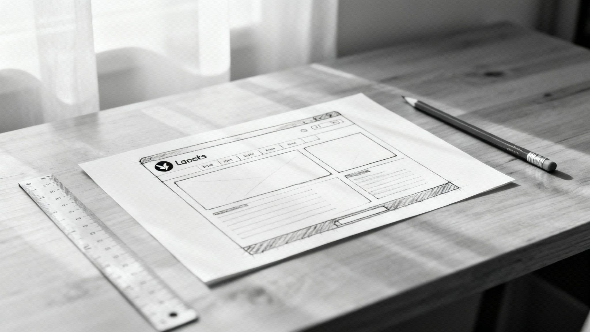 A person sketching a wireframe on paper with a pen.