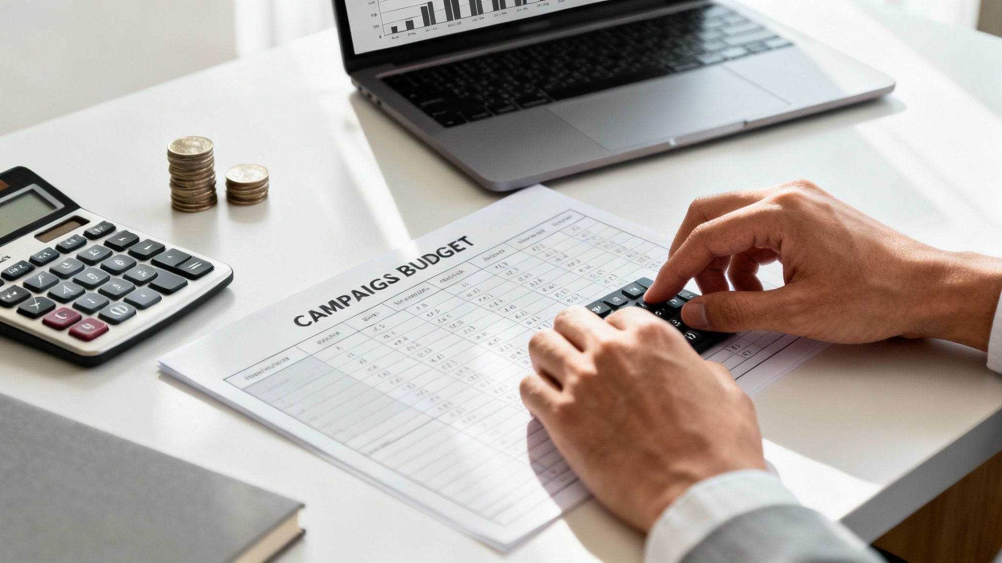 Person calculating a campaign budget on a desk with a calculator, laptop, and coins.