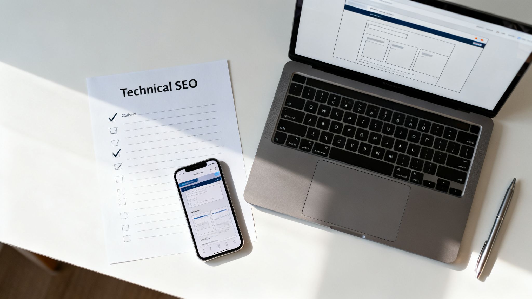 Flat lay of a desk with a laptop, smartphone, pen, and a checklist titled 'Technical SEO'.