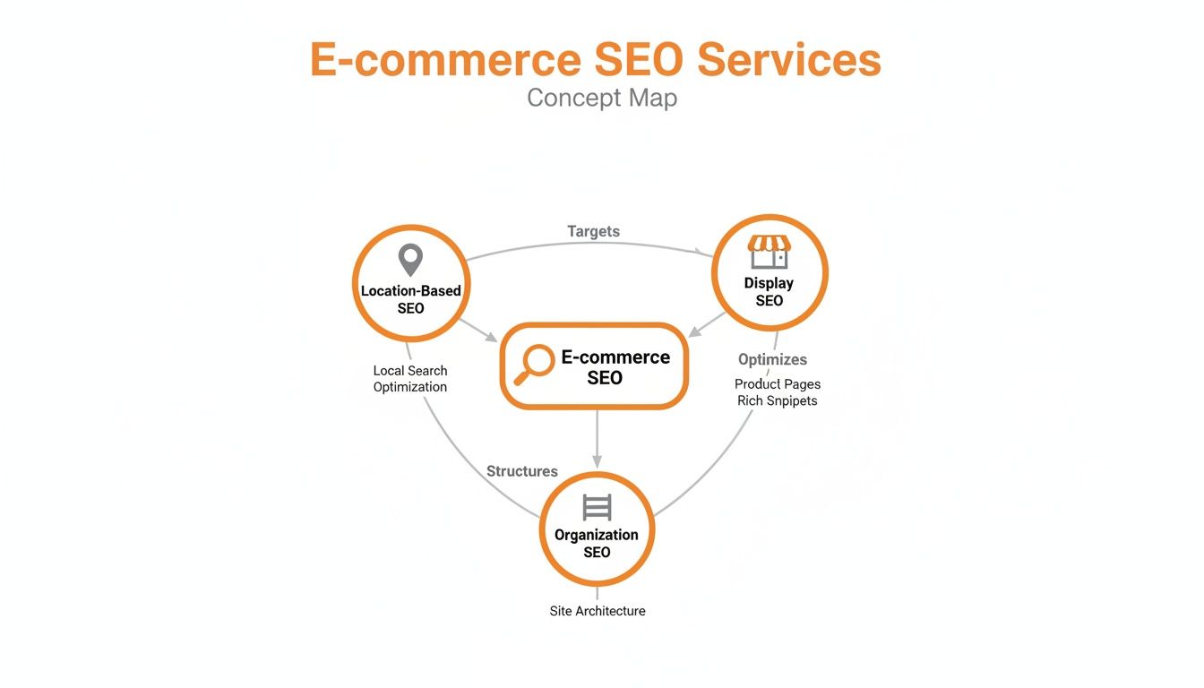 A concept map showing e-commerce SEO services, including location, display, and organization SEO.