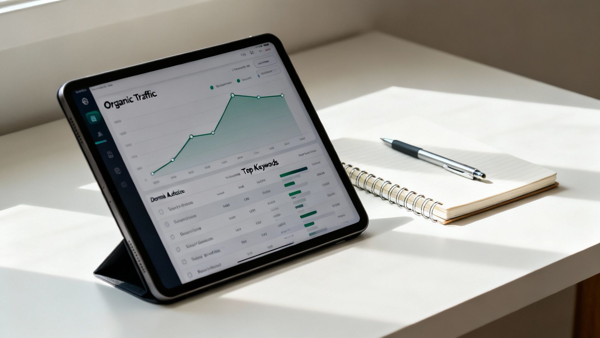 A tablet displays an organic traffic graph and SEO keywords next to a notebook and pen on a white desk.