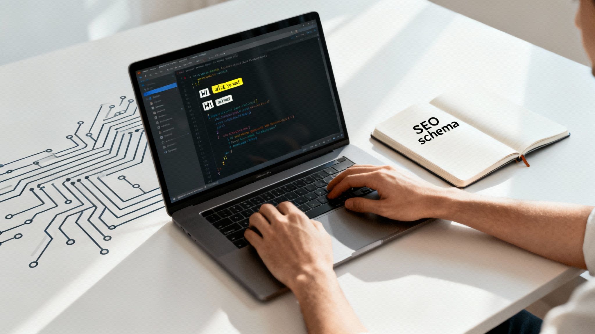 Hands typing on a laptop displaying code, with an 'SEO schema' notebook and circuit board design.