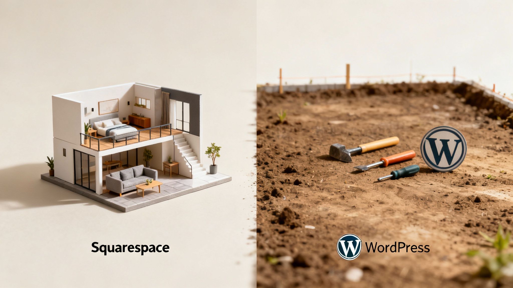 A split image showing the Squarespace and WordPress logos.