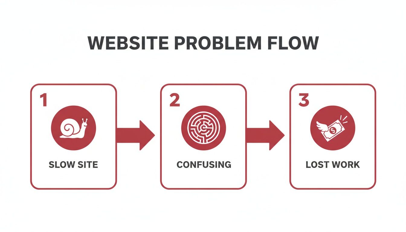 Flowchart illustrating website problems: slow site, confusing design, and resulting lost work or revenue.