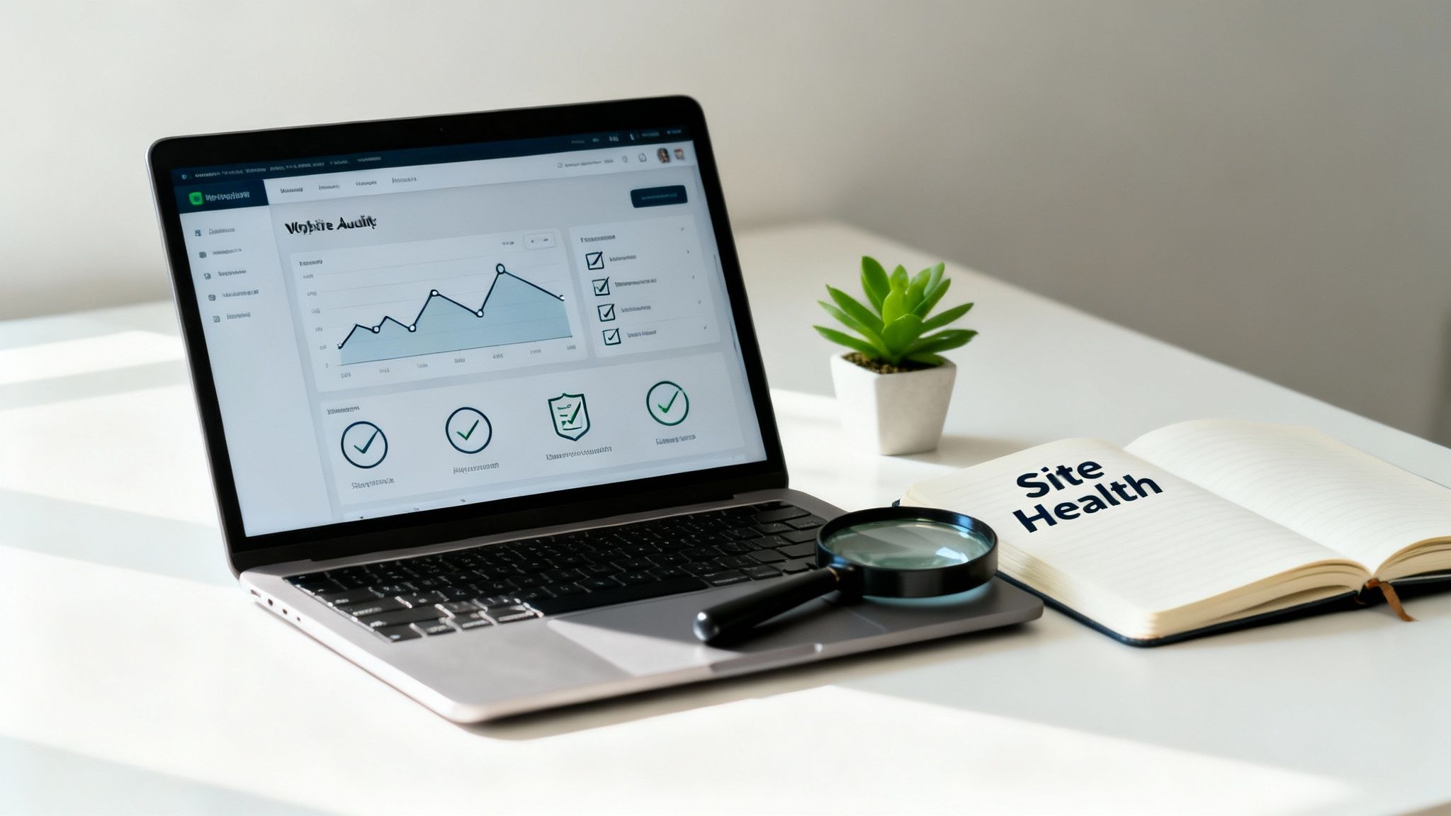 Laptop displaying a website audit dashboard with charts and checklists, alongside a notebook saying 'Site Health' and a magnifying glass.