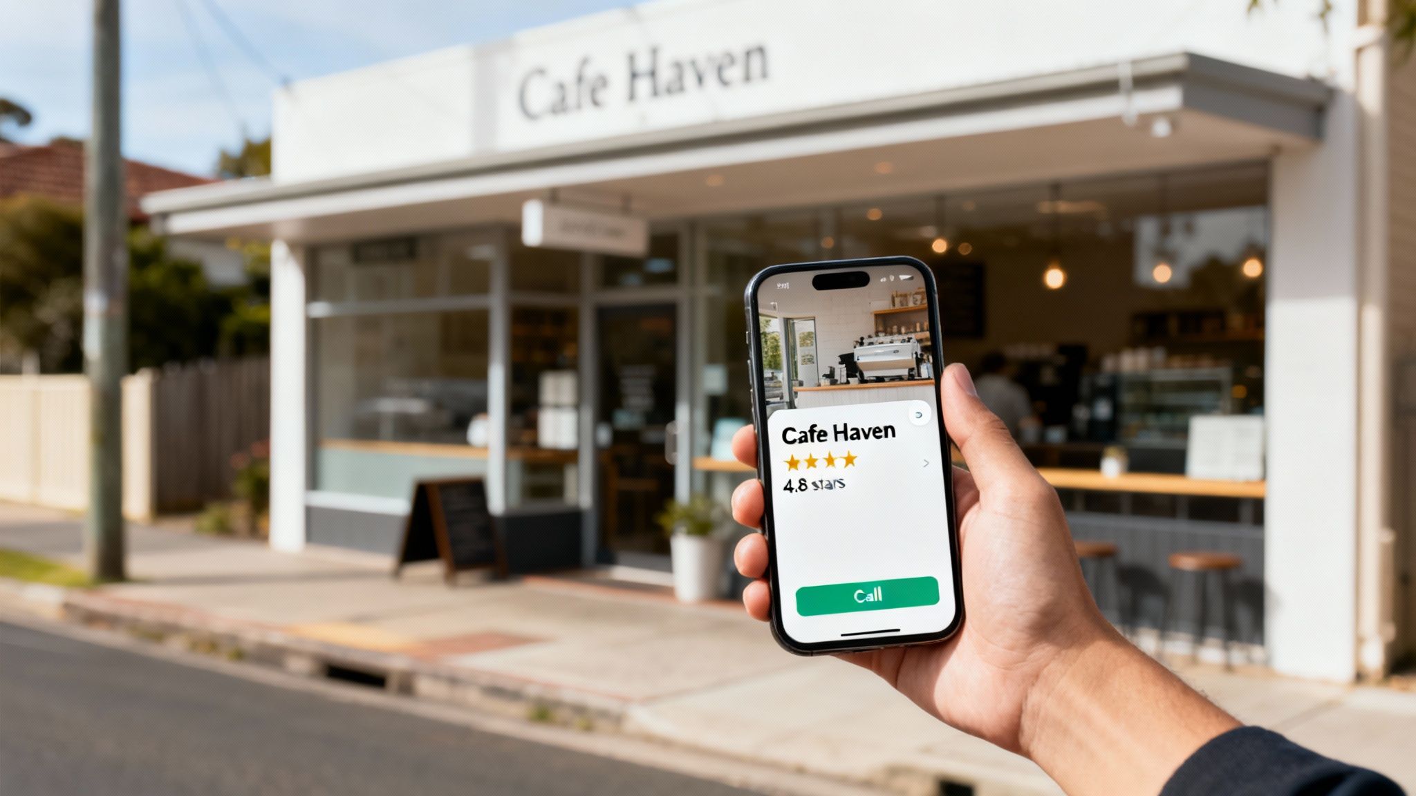 A person's hand holds a smartphone displaying augmented reality information about 'Cafe Haven' in front of the actual cafe.