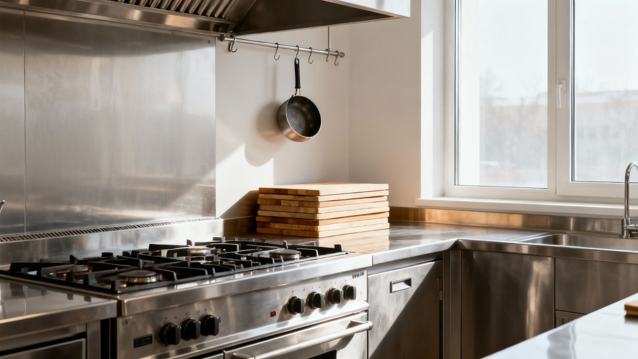 A pristine commercial kitchen with stainless steel surfaces, a gas stove, and a sink, illuminated by natural light.