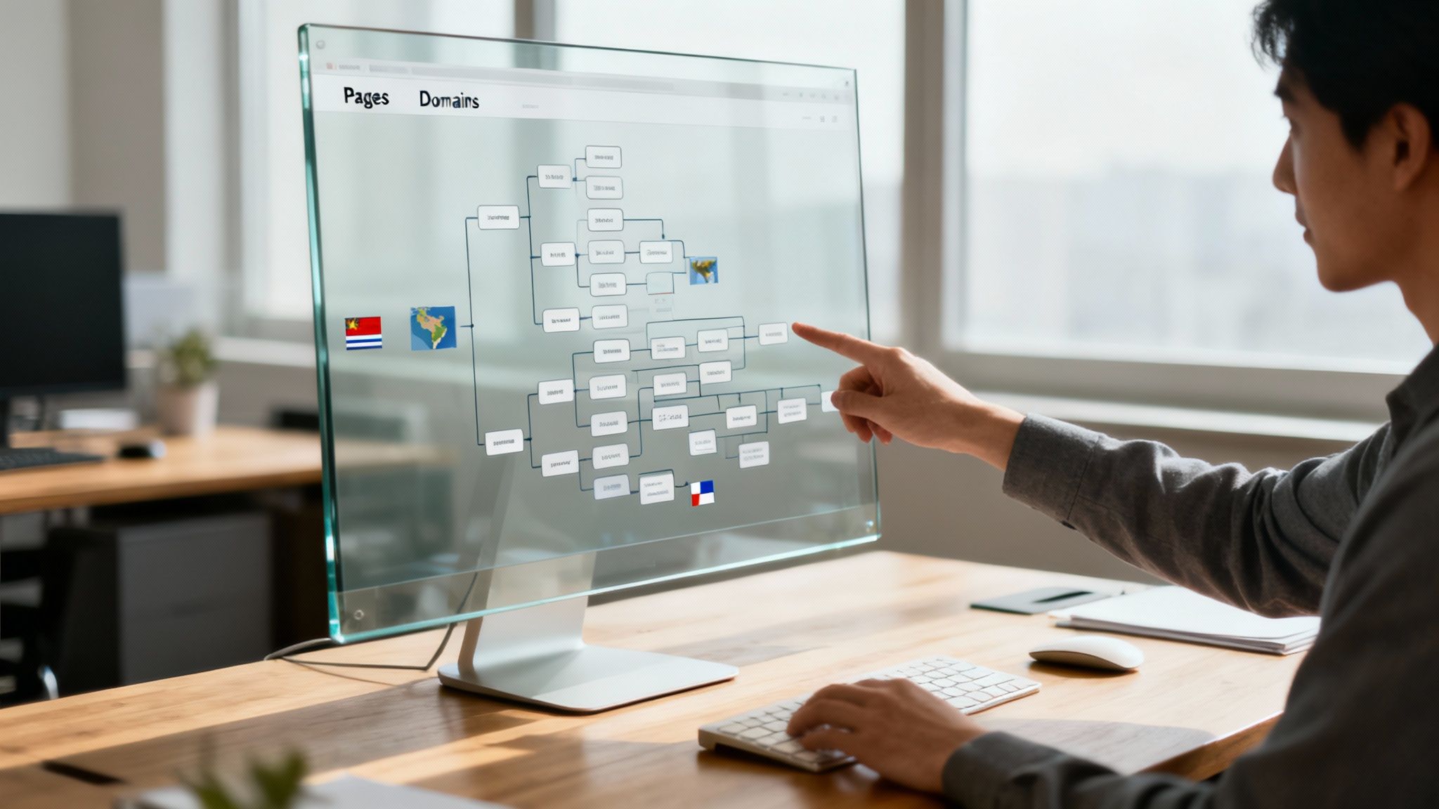 A person interacts with a transparent monitor showing a hierarchical diagram of pages and domains.
