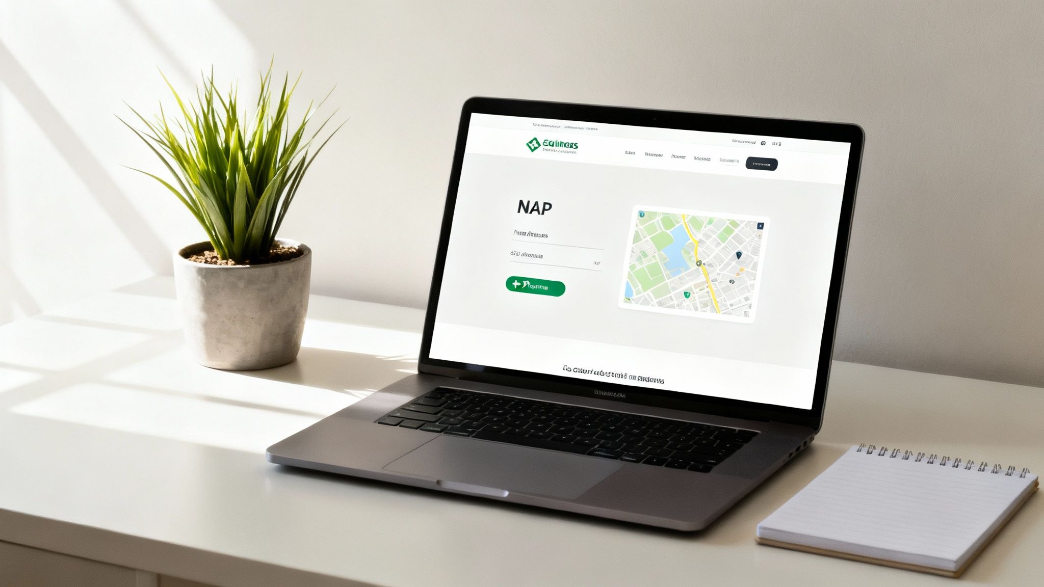 A person working on a laptop with location pins on a map in the background, representing local SEO website tuning.