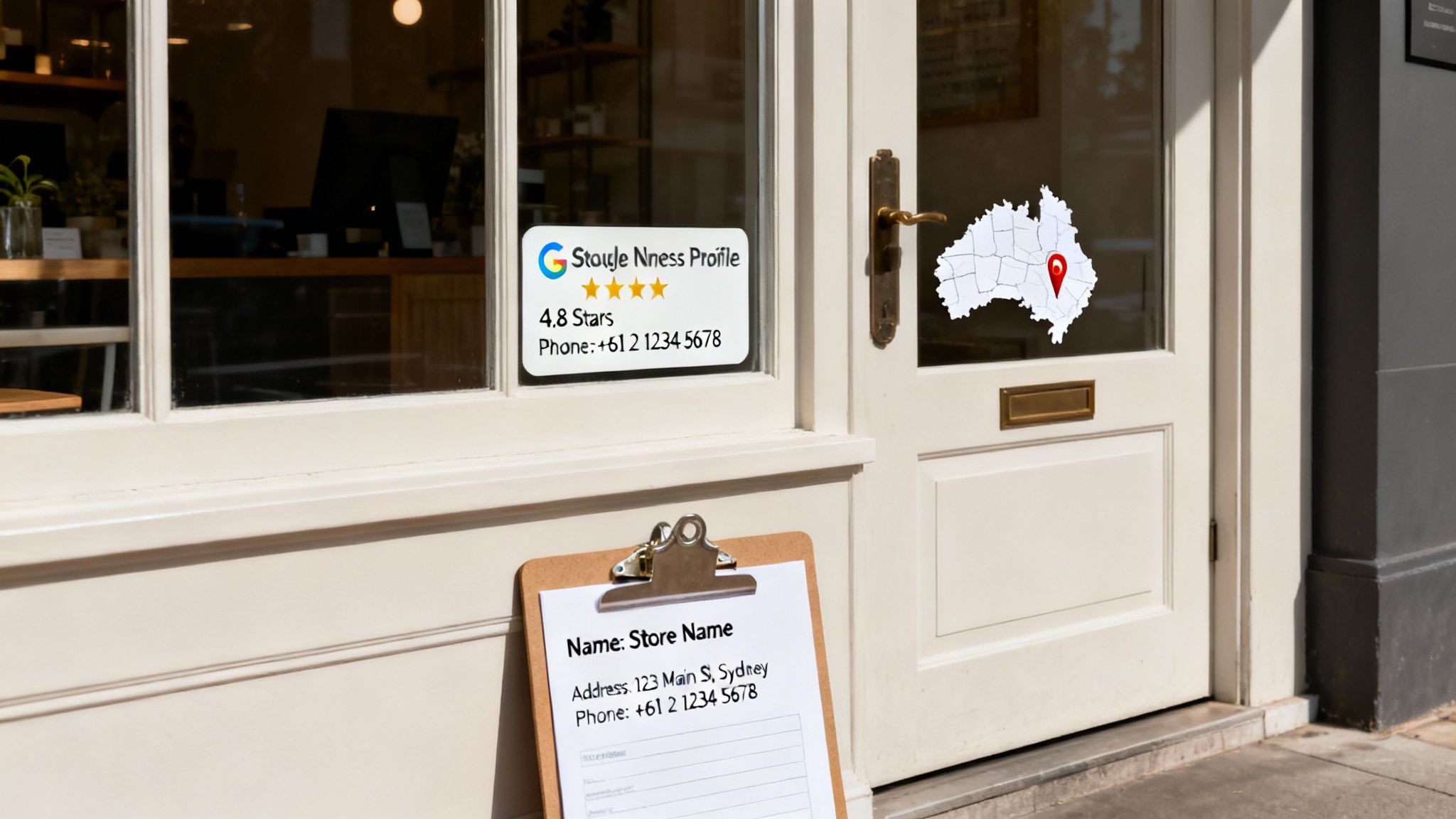 Storefront displaying a Google Business Profile sticker, a map of Australia, and a clipboard with store information.